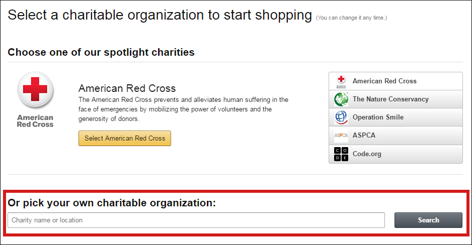 AmazonSmile screen inviting you to "Select a charitable organization to start shopping"