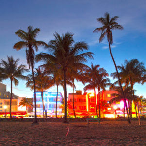 Miami Beach, Florida hotels and restaurants at sunset on Ocean Drive