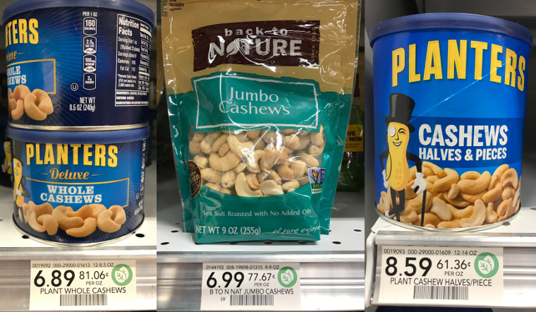 Three types of cashews as example of groceries