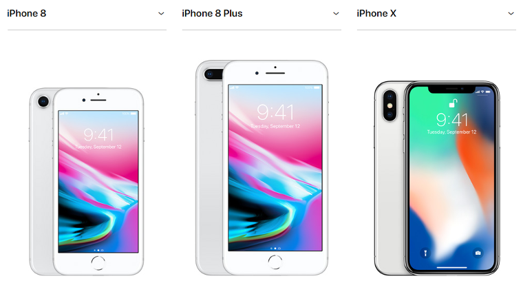 Images of iPhone 8, iPhone 8 Plus, and iPhone X