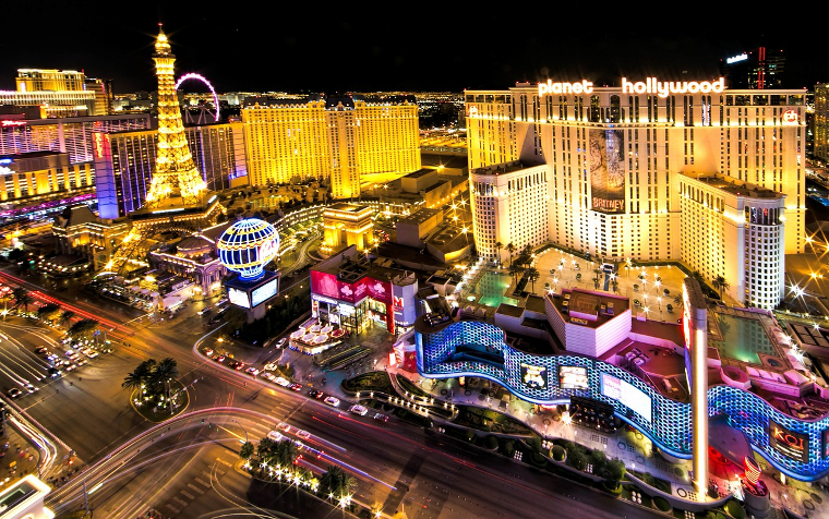 Vegas Strip showing several hotels including Paris and Planet Hollywood